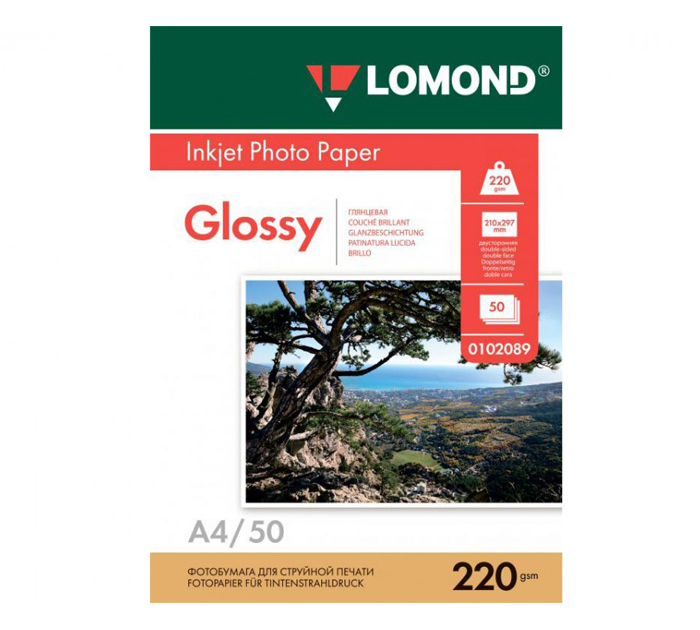 Бумага для фото Lomond А4, 220г/м², глянцевая, двусторонняя, 50л