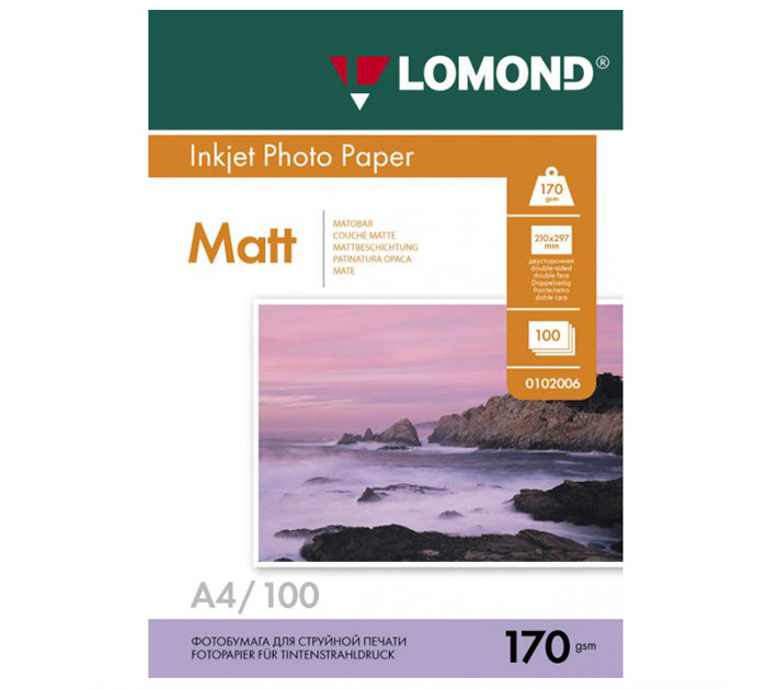 Бумага для фото Lomond А4, 170 г/м², матовая, двухсторонняя, 100л