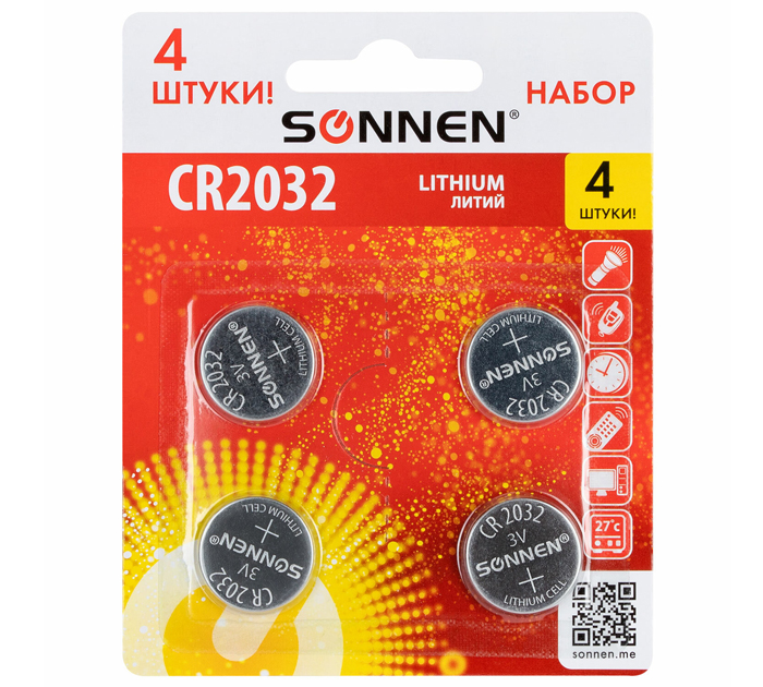 Элемент питания Sonnen CR2032, 4шт