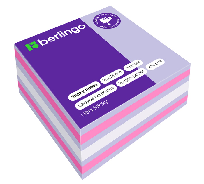 Стикеры Berlingo «Ultra Sticky» 75х75мм, 3 цвета, 450л