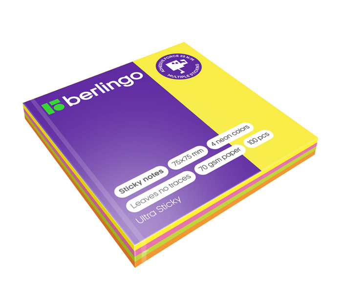 Стикеры Berlingo «Ultra Sticky» 75х75мм, 4 неоновых цвета, 100л