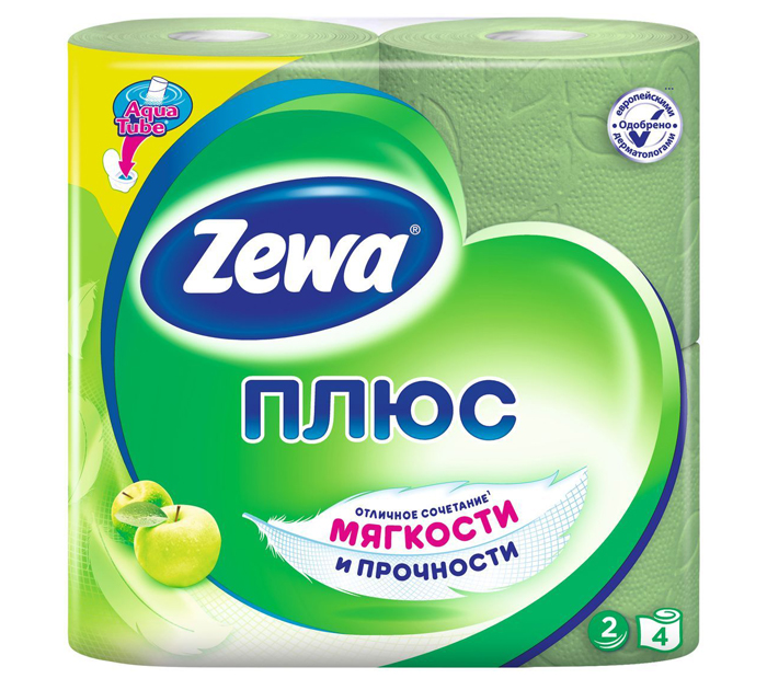 Туалетная бумага Zewa Plus 2-слойная, 4 рулона, с ароматом яблока, со втулкой