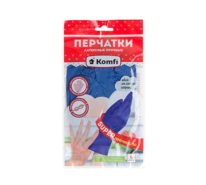 Перчатки резиновые Komfi латексные, размер L, неопудренные, 1 пара