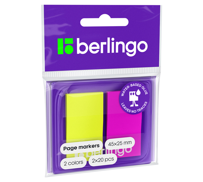 Закладки клейкие Berlingo пластиковые, 45х25мм, 2 неоновых цвета, в диспенсере, 40л