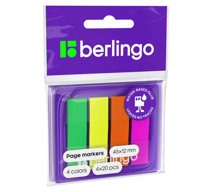 Закладки клейкие Berlingo 45х12мм, 4 неоновых цвета, в пластиковом боксе, 80л