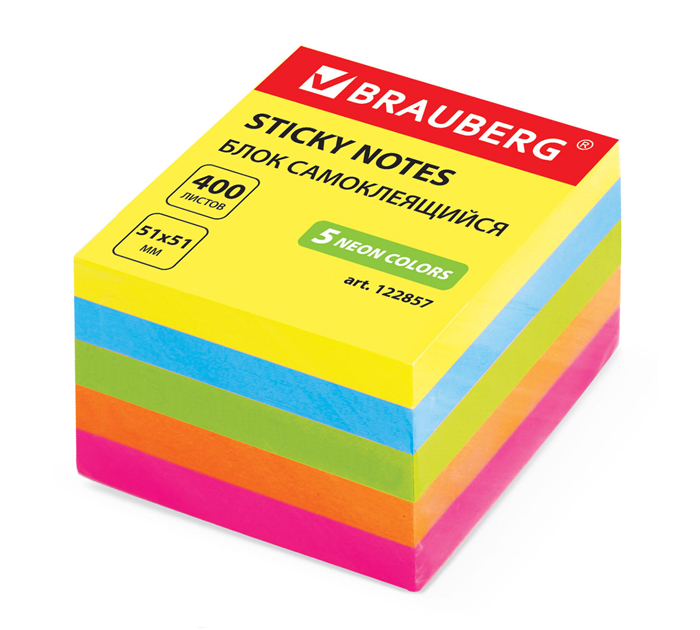Стикеры Brauberg 51х51мм, 5 неоновых цветов, 400л