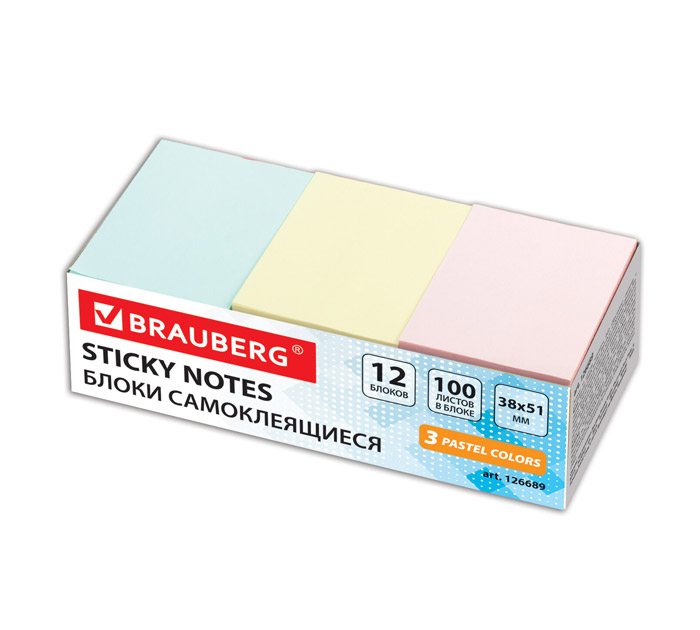 Стикеры Brauberg 38х51мм, 3 цвета, 12 блоков по 100л