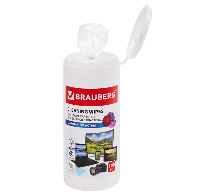 Салфетки чистящие Brauberg «Астра» для экранов и пластика, в тубе, 100шт