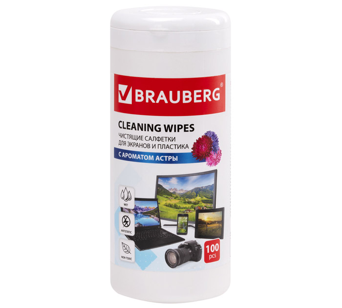 Салфетки чистящие Brauberg «Астра» для экранов и пластика, в тубе, 100шт