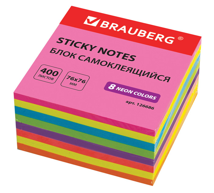 Стикеры Brauberg 76х76мм, 8 неоновых цветов, 400л