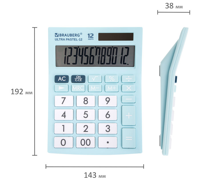Калькулятор 12 разрядов Brauberg «Ultra Pastel-12-LB» голубой, 192х143мм