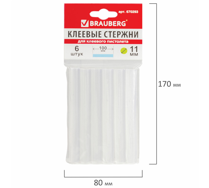 Клеевые стержни Brauberg прозрачные, 11мм, 100мм, 6шт