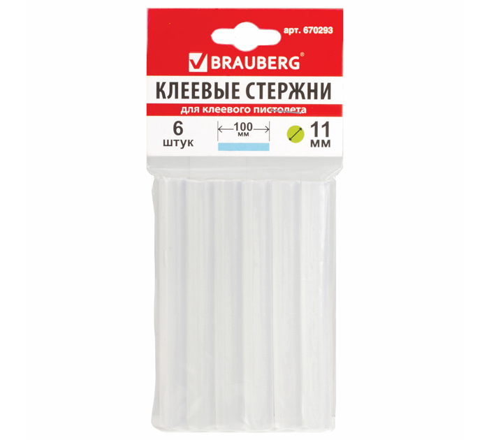 Клеевые стержни Brauberg прозрачные, 11мм, 100мм, 6шт