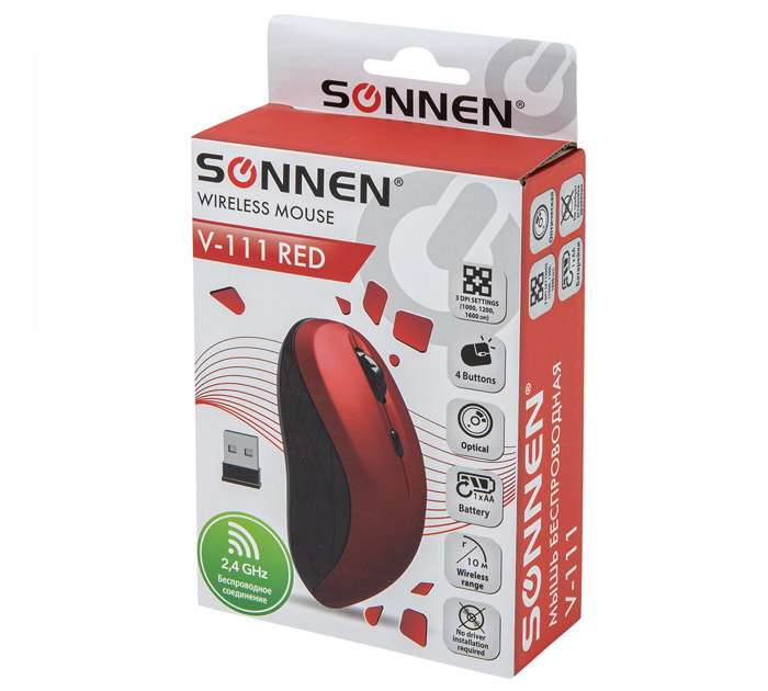 Мышь компьютерная Sonnen V-111 беспроводная, 4 кнопки, радиус действия 10м, красная