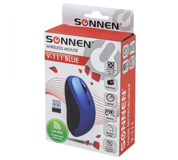 Мышь компьютерная Sonnen V-111 беспроводная, 4 кнопки, радиус действия 10м, синяя