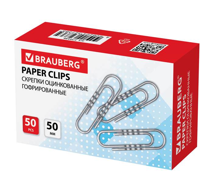 Скрепки Brauberg оцинкованные, гофрированные, 50мм, 50шт