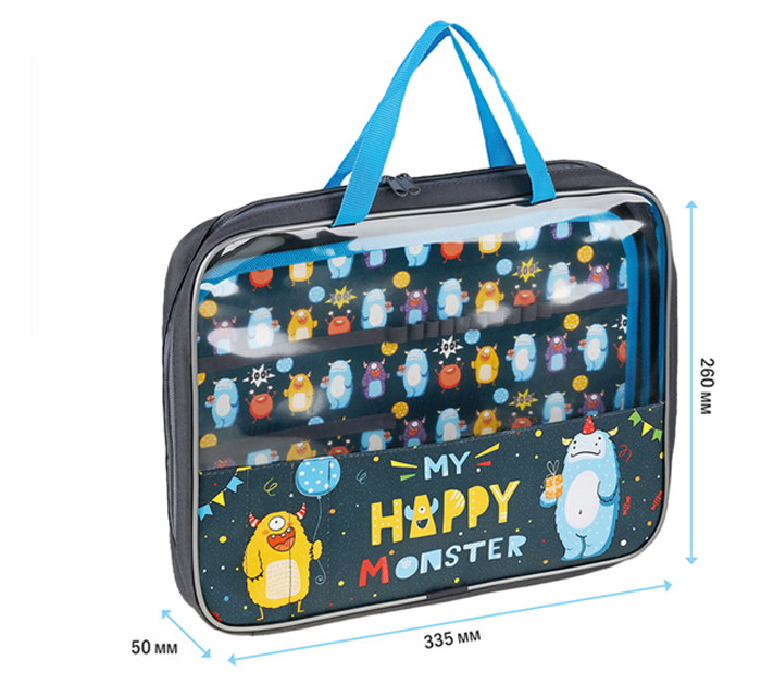 Папка-портфель текстильный ArtSpace «Happy Monster» А4, с ручками, на молнии, 1 отделение, крепление для канцтоваров