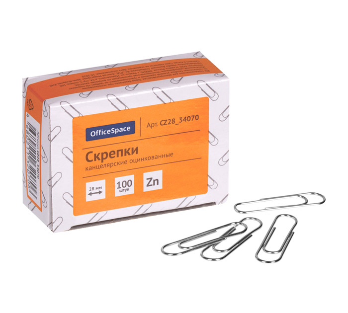 Скрепки OfficeSpace оцинкованные, овальные, 28мм, 100шт