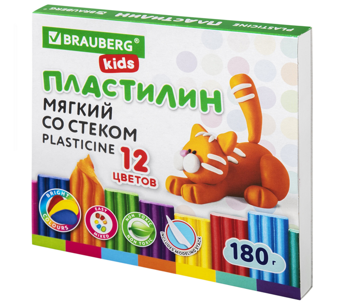 Пластилин Brauberg Kids 12 цветов, восковой, со стеком, 180г