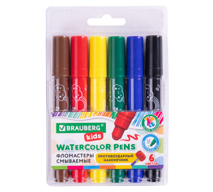 Фломастеры Brauberg Kids 6 цветов, смываемые