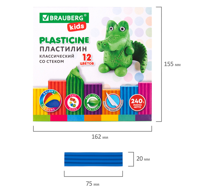 Пластилин Brauberg Kids «Классический» 12 цветов, со стеком