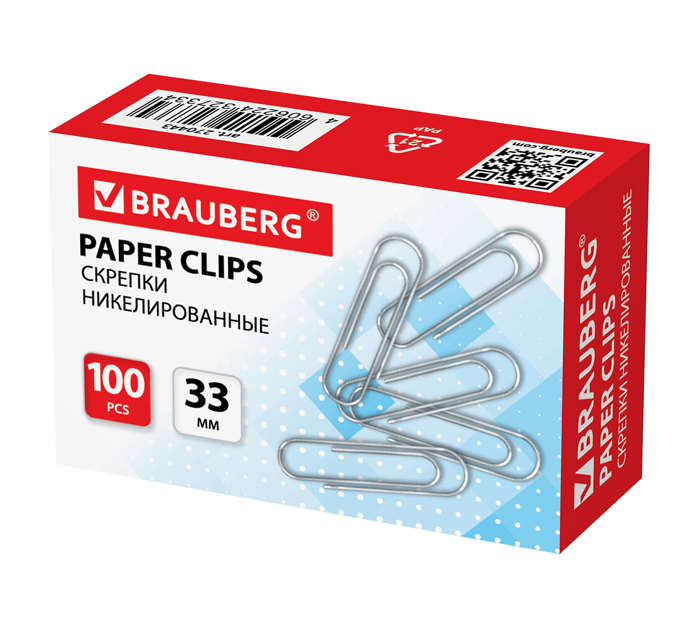 Скрепки Brauberg никелированные, овальные, 33мм, 100шт
