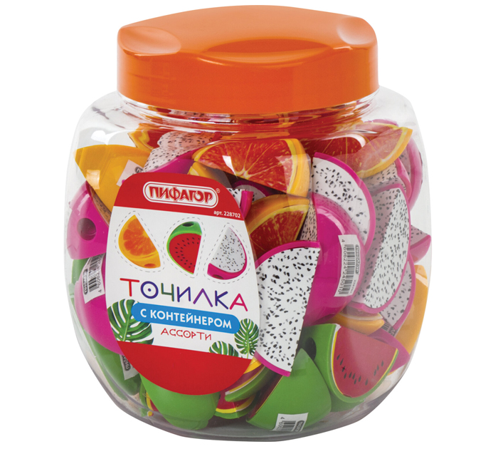 Точилка Пифагор «Фрукты» 1 отверстие, с контейнером, ассорти