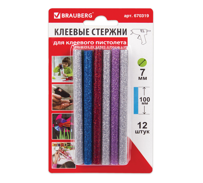 Клеевые стержни Brauberg цветные с блестками, 7мм, 100мм, 12шт
