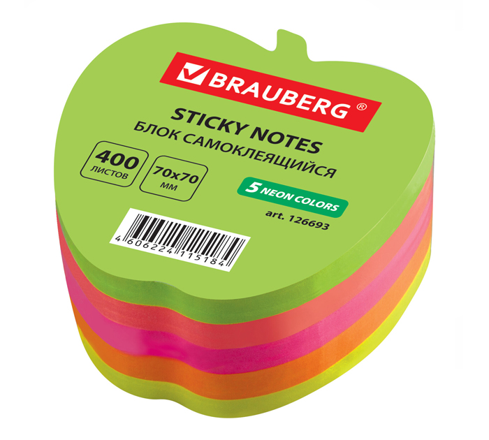 Стикеры Brauberg «Яблоко» 70х70мм, 5цветов, 400л