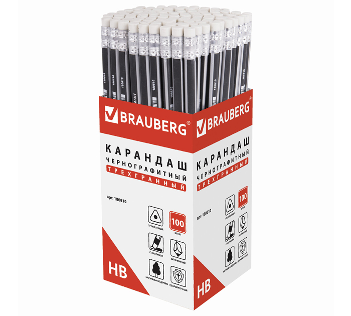 Карандаш Brauberg «Alderida» HB, заточенный, с ластиком