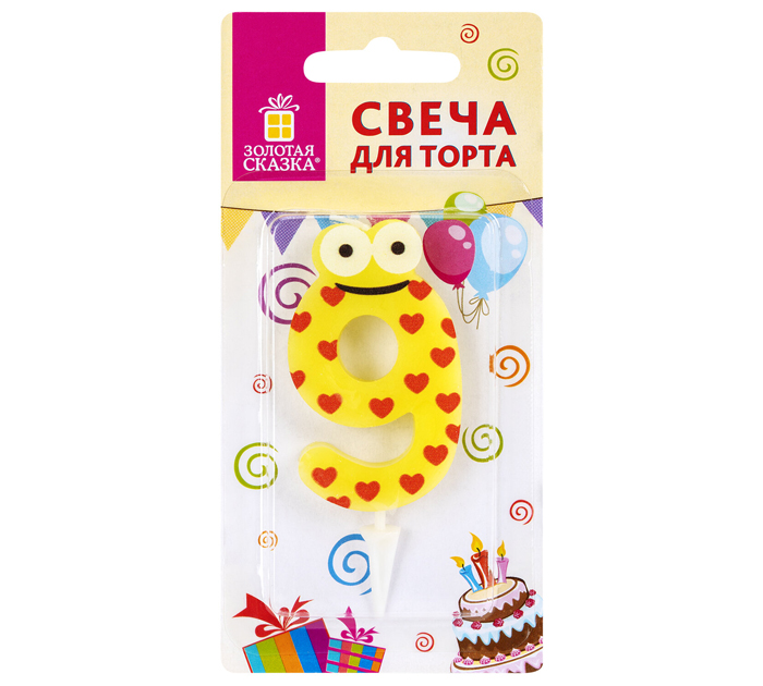 Свеча Золотая сказка цифра 9, с держателем, 6см