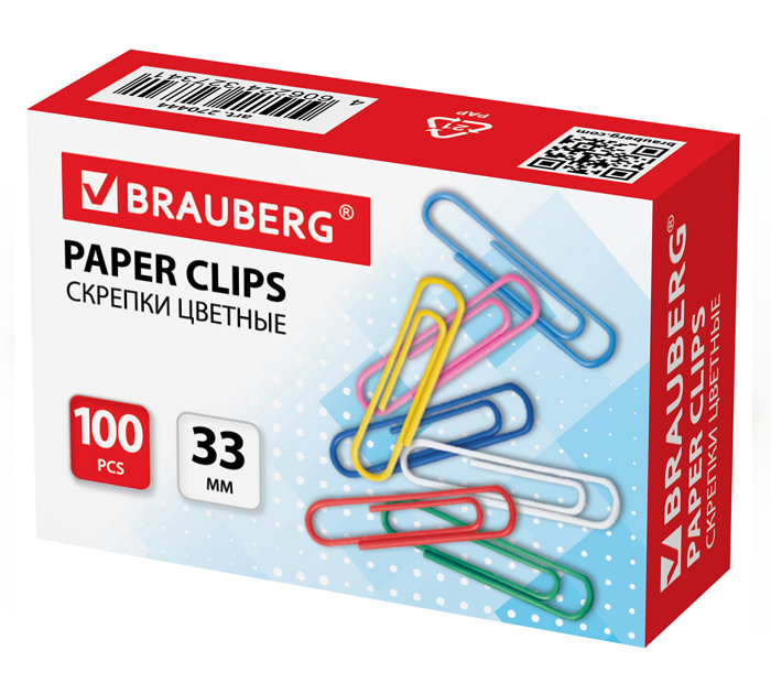 Скрепки Brauberg 33мм, 100шт, цветные