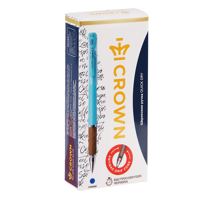 Ручка гелевая Crown «Quick Dry» синий стержень, узел 0.5мм, быстросохнущие чернила, антибактериальный грип