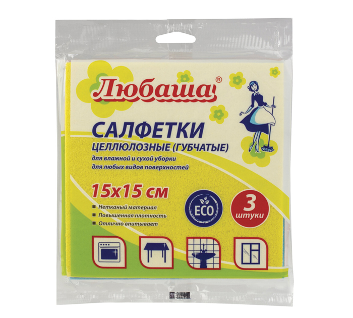 Салфетка для уборки Любаша губчатая, 15х15см, 3шт