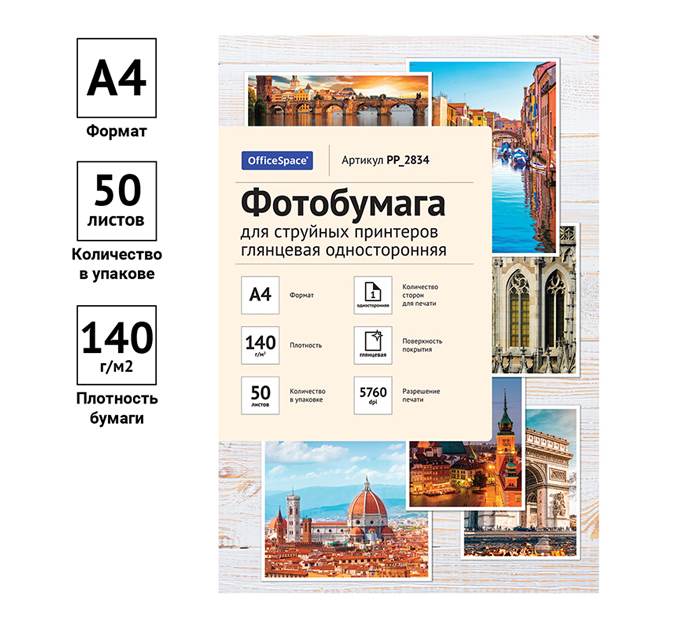 Бумага для фото OfficeSpace А4, 140г/м² глянцевая, односторонняя, 50л