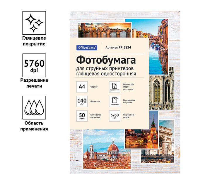 Бумага для фото OfficeSpace А4, 140г/м² глянцевая, односторонняя, 50л