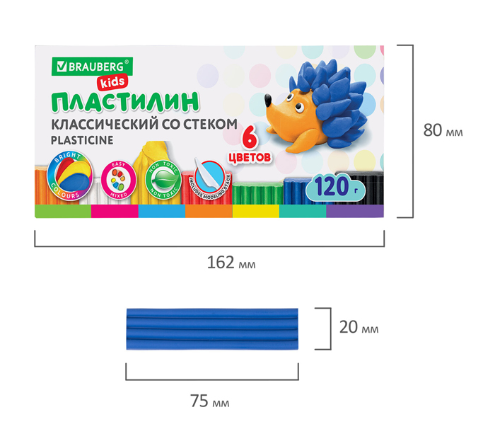 Пластилин Brauberg «Kids» 6 цветов, 120г, со стеком