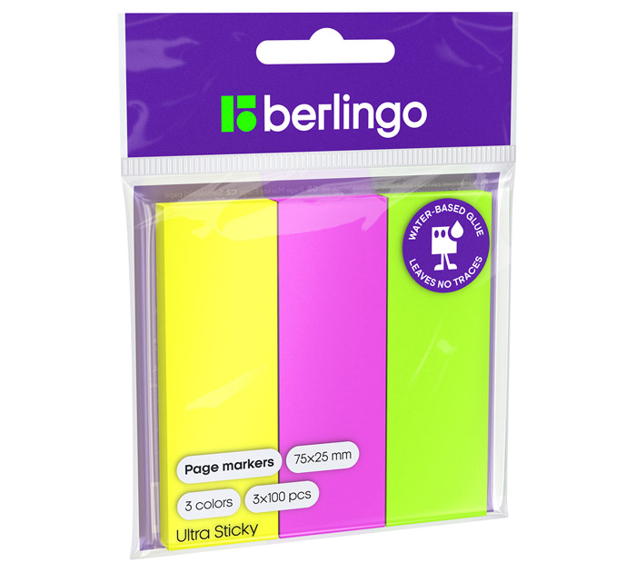 Закладки клейкие Berlingo «Ultra Sticky» бумажные, 25х75мм, 3 неоновых цвета, 300л