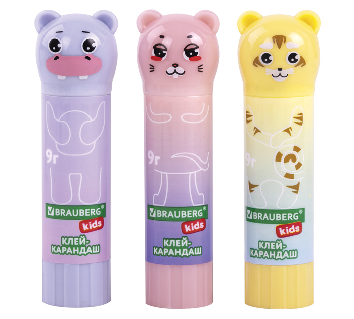 Клей-карандаш Brauberg Kids «Пастельные зверята: мышка, тигр, бегемот» 9г