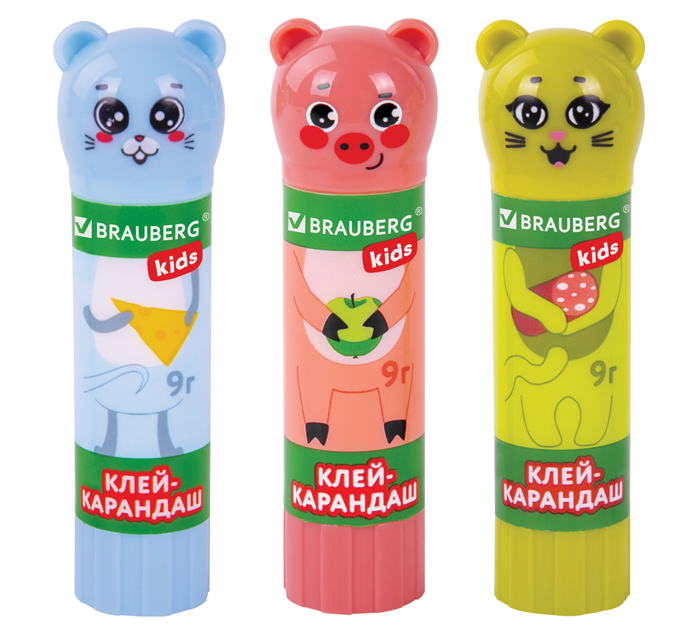 Клей-карандаш Brauberg Kids «Зверята: кошка, мышка, хрюшка» 9г