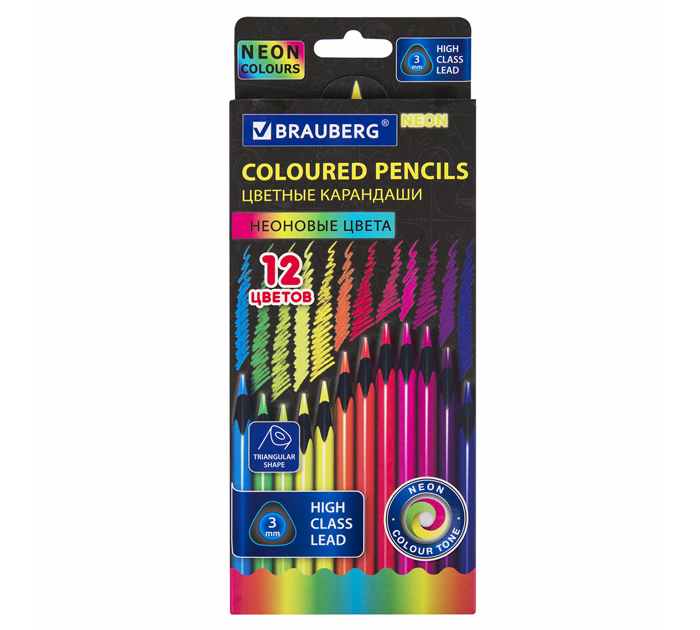 Карандаши цветные Brauberg Neon, 12 цветов
