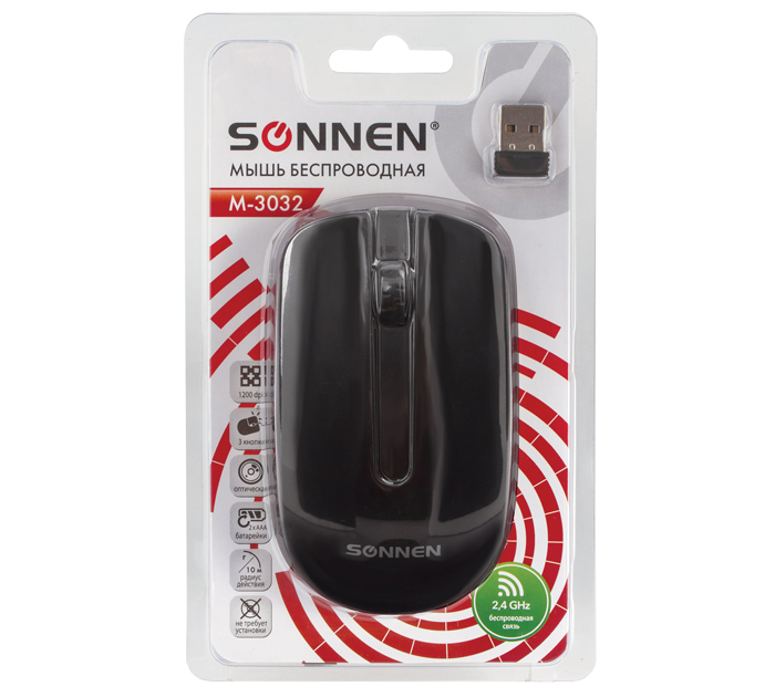 Мышь компьютерная Sonnen «M-3032» беспроводная, 3 кнопки, радиус действия 10м, черная