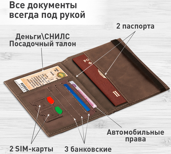 Обложка для паспорта Brauberg экокожа, коричневая, с карманами и резинкой