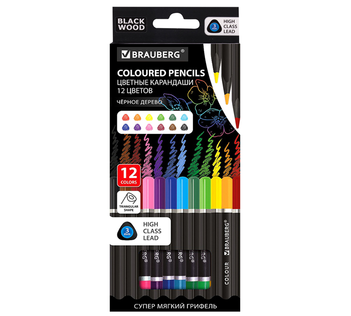 Карандаши цветные Brauberg «Black wood» 12 цветов, супер мягкий грифель