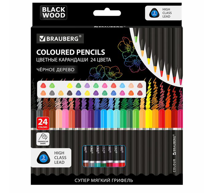 Карандаши цветные Brauberg «Black wood» 24 цвета, супер мягкий грифель