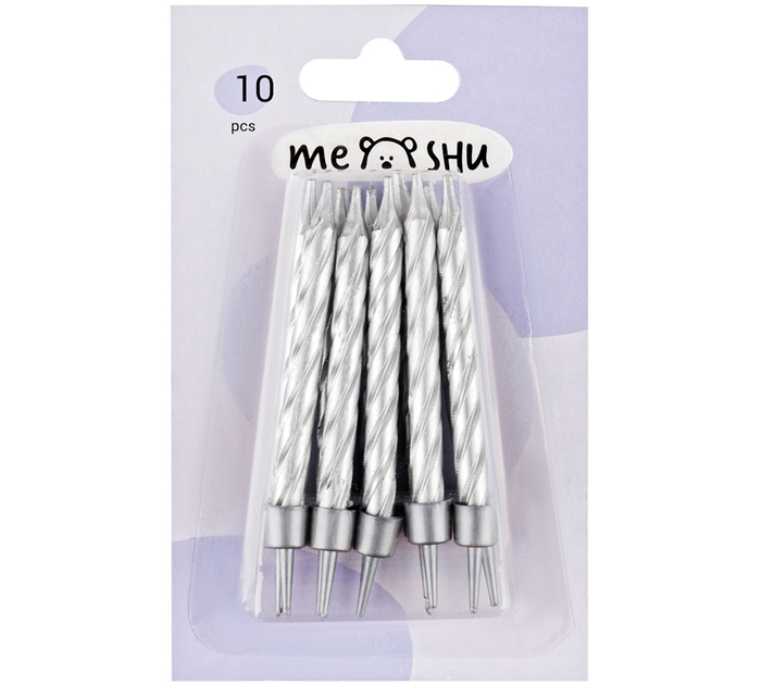 Набор свечей Meshu для торта, с держателем, серебристые, 5.8см, 10шт