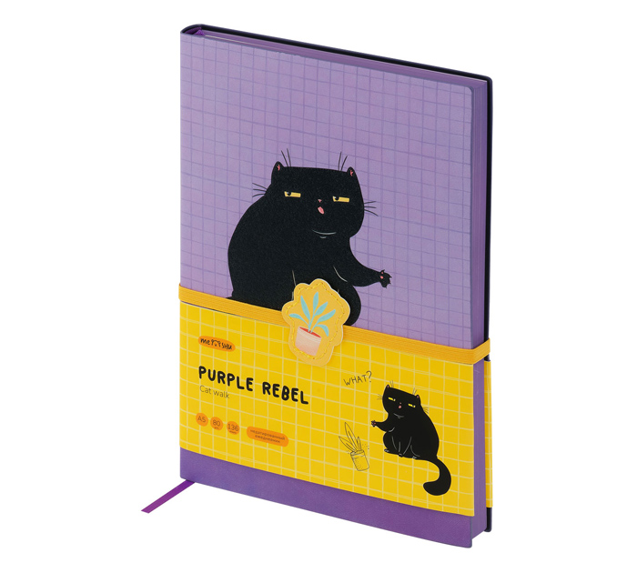Ежедневник недатированный Meshu «Cat walk. Purple rebel» А5, резинка-фиксатор с аппликацией, цветной срез, 272стр