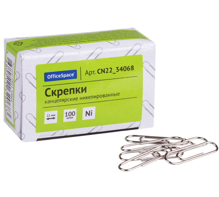 Скрепки Office Space никелированные, овальные, 22мм, 100шт