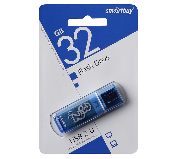 Флэш-карта Smartbuy «Glossy» USB2.0, 32Gb, голубая