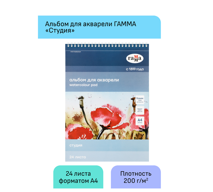 Альбом для акварели Гамма «Студия» А4, 200 г/м², 24л, среднее зерно, на спирали